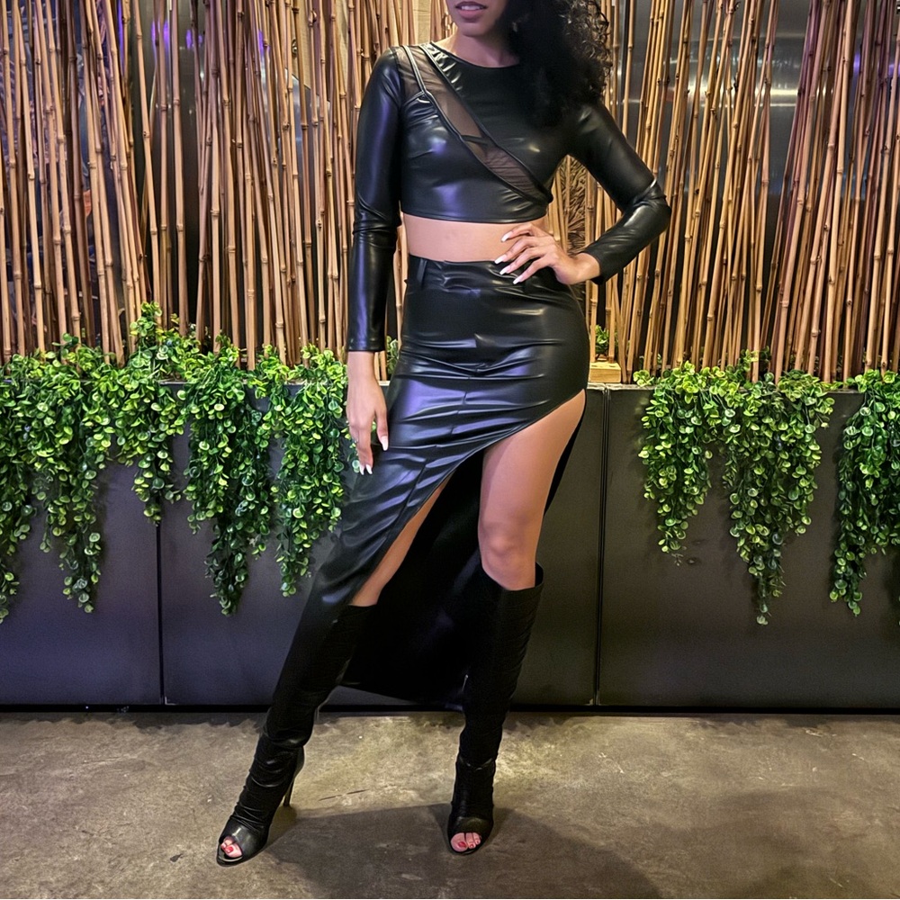 Fashion Nova Black Faux Leather Midi Skirt and Top